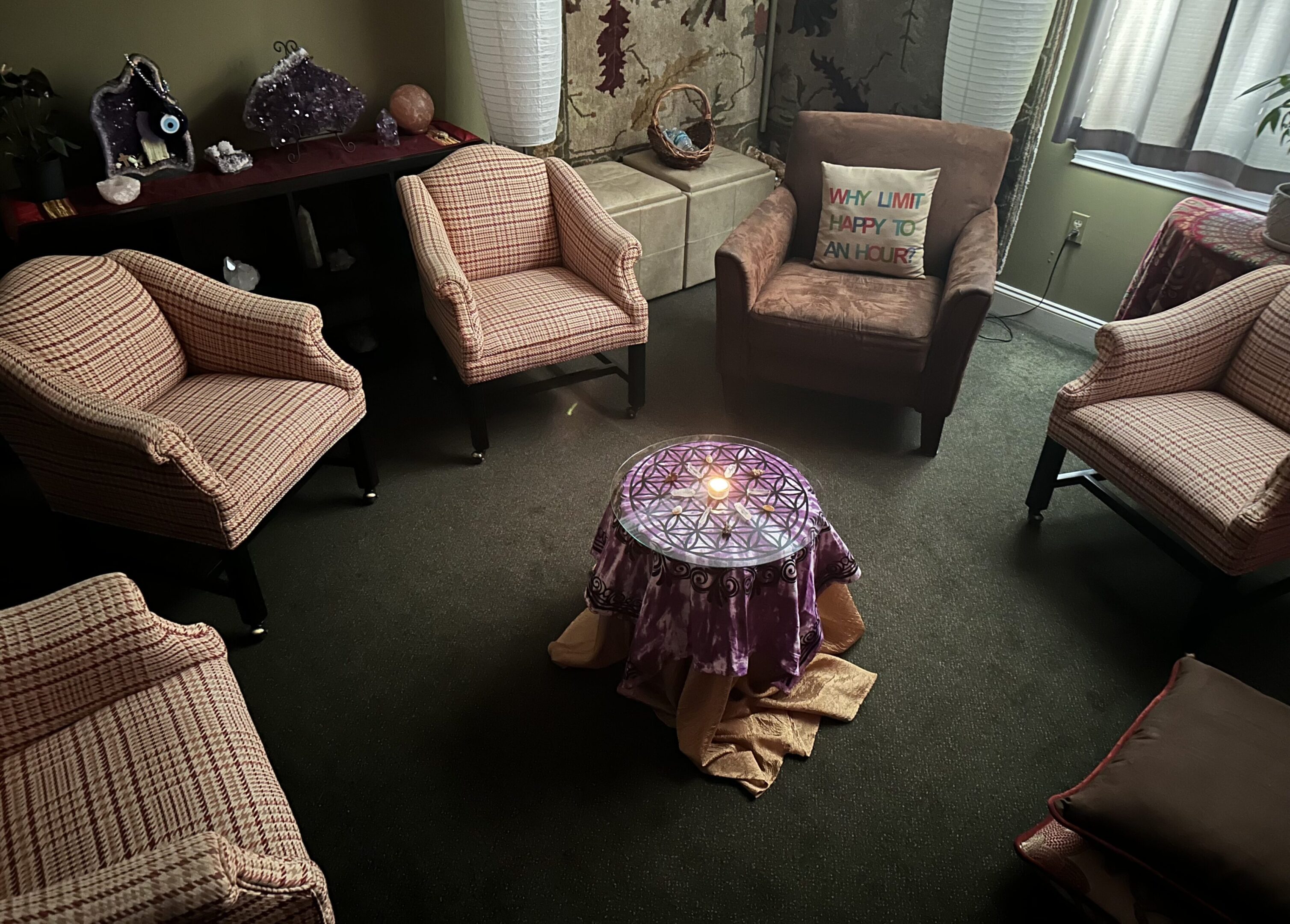 Meditation_room set up_chairs and crystal grid